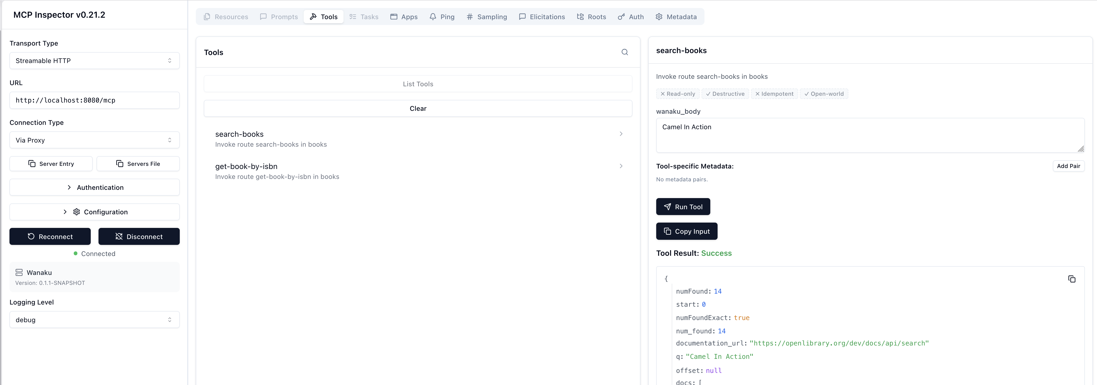 MCP Inspector — search-books result