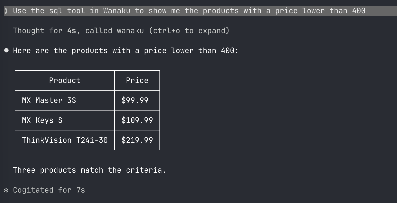 Terminal screenshot of an MCP-compatible AI client successfully displaying real-time data retrieved from a PostgreSQL database via Wanaku