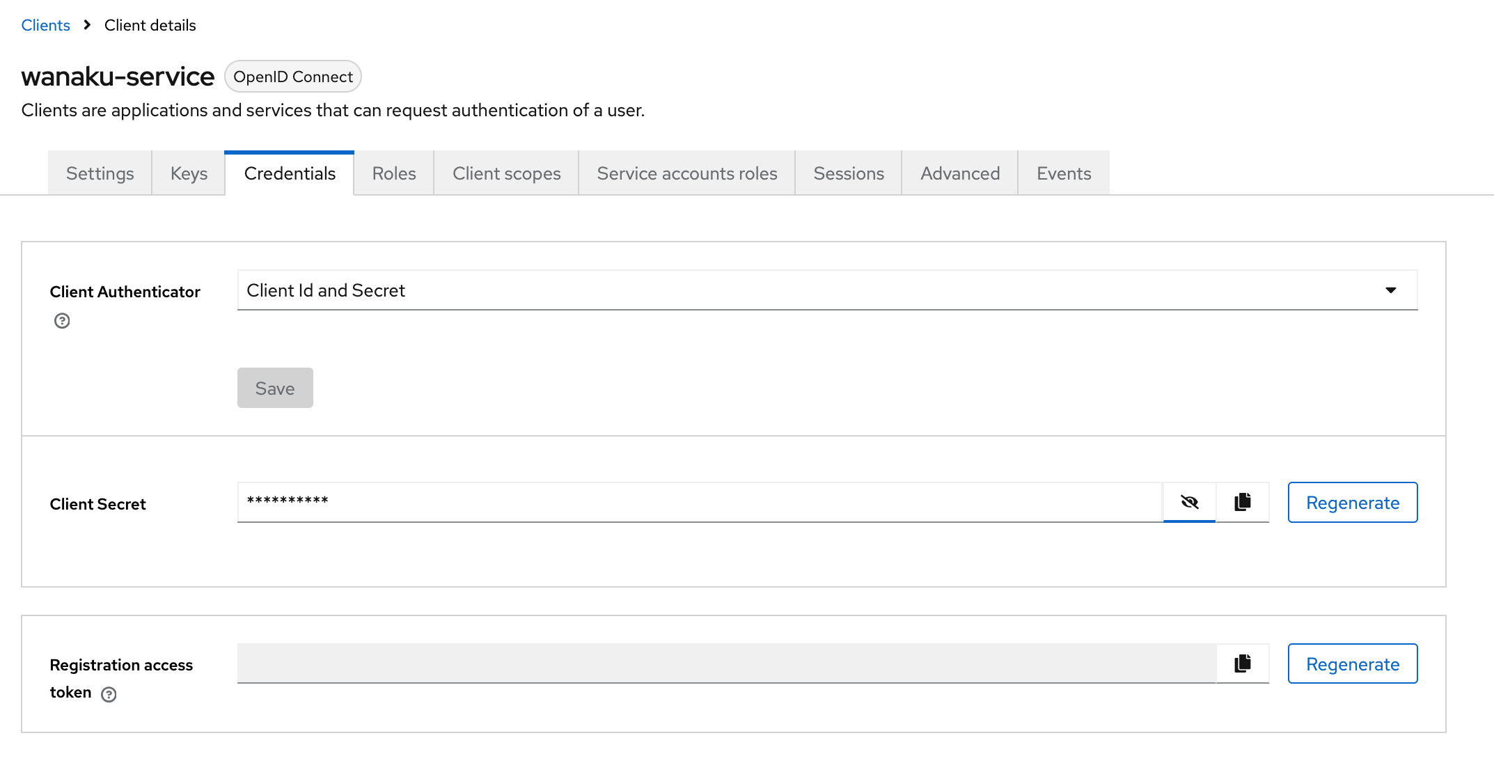 Screenshot of Keycloak admin console showing the wanaku-service client credentials tab with the Regenerate secret button