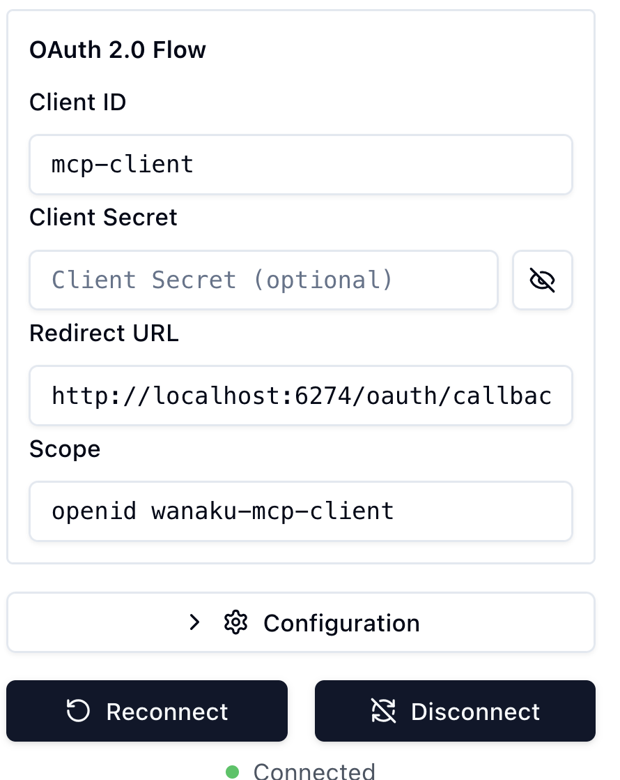 Screenshot of OAuth configuration inspector showing client credentials and authentication settings